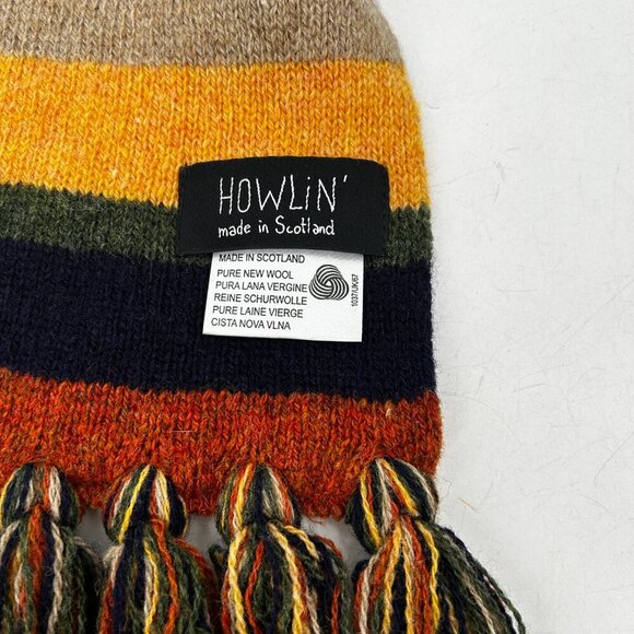 HOWLIN' *Flawed* Yellow Blue Red Striped 100% Pure Wool Scotland Fringe Scarf - Picture 3 of 4